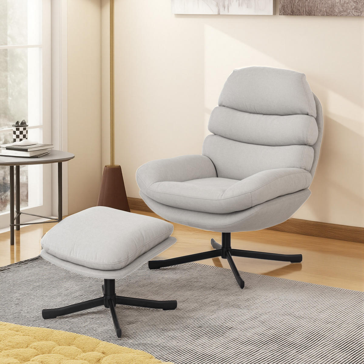 RELAXSESSEL mit Hocker Sessel Loungesessel mit Chenille-Optik Cremeweiß - Blau/Creme, Textil/Metall (78/100/93cm) - HOMCOM