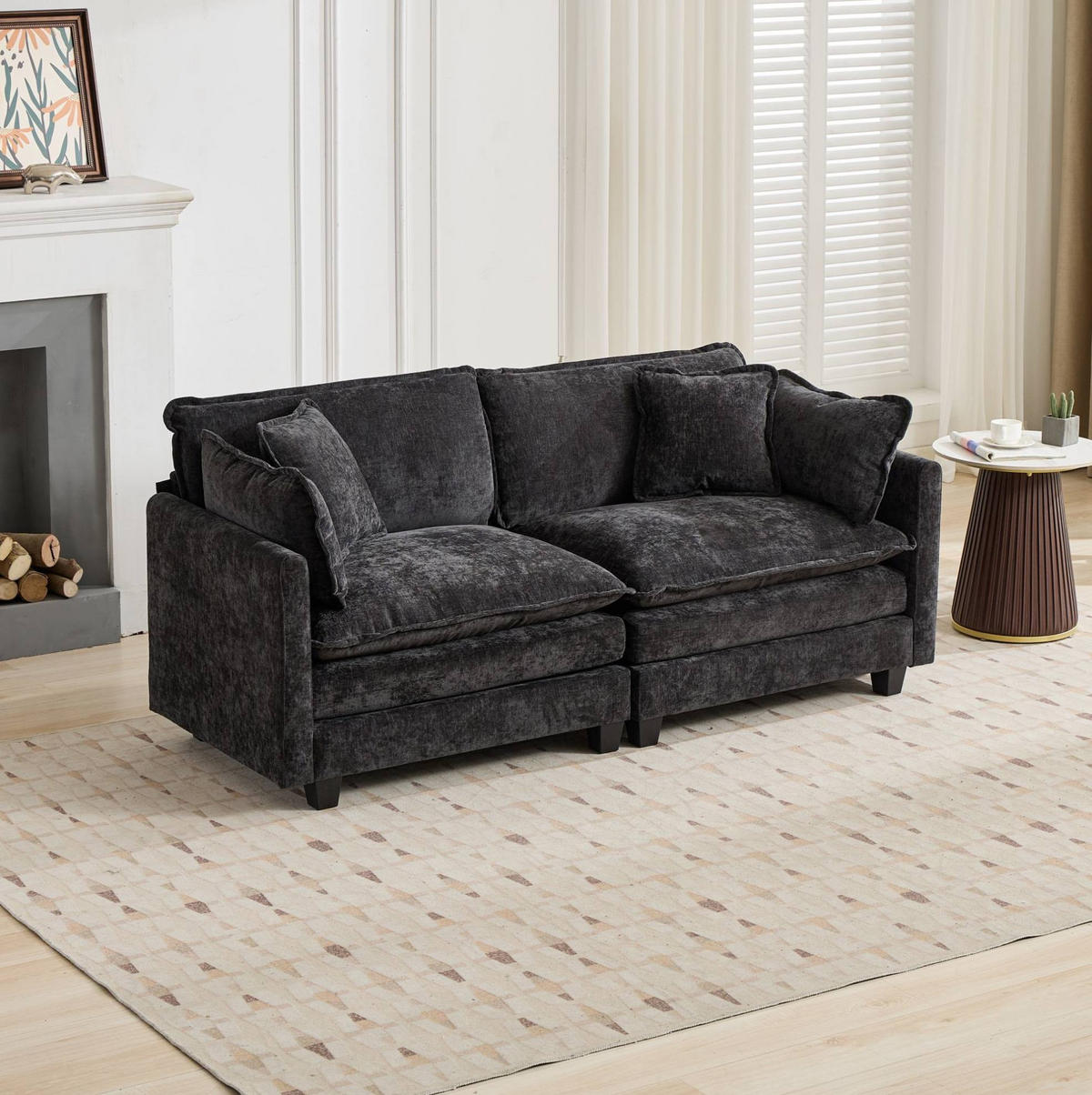 MODULSOFA flexibel kombinierbar Chenille Black - Schwarz, Holz (75/84/195cm) - Meubliv