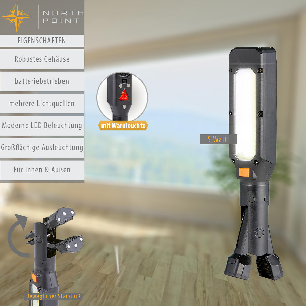 LED-ARBEITSLAMPE - kabellos mit Magnethalterung und Haken für Werkstatt, Camping und Renovierung - Schwarz, Kunststoff (6/32/5cm) - Northpoint