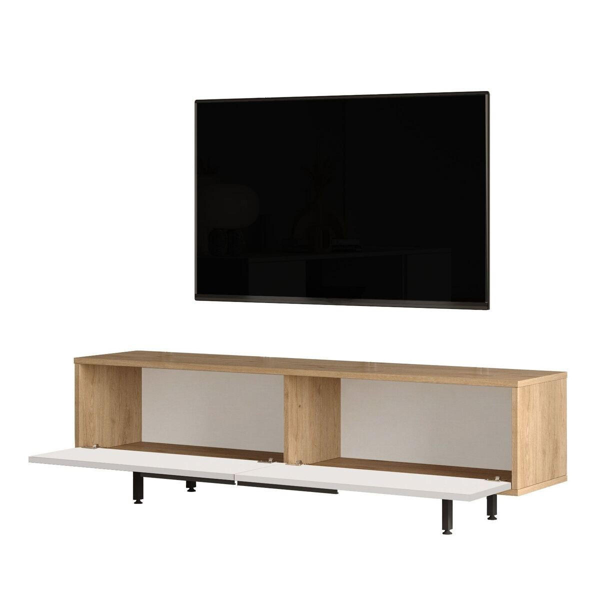 TV stolek se 2 výklopnými dvířky, dubový a bílý efekt, šířka 160 cm - NAYA - barva jasanu, kompozitní dřevo (35.5/45.1/10cm) - Calicosy