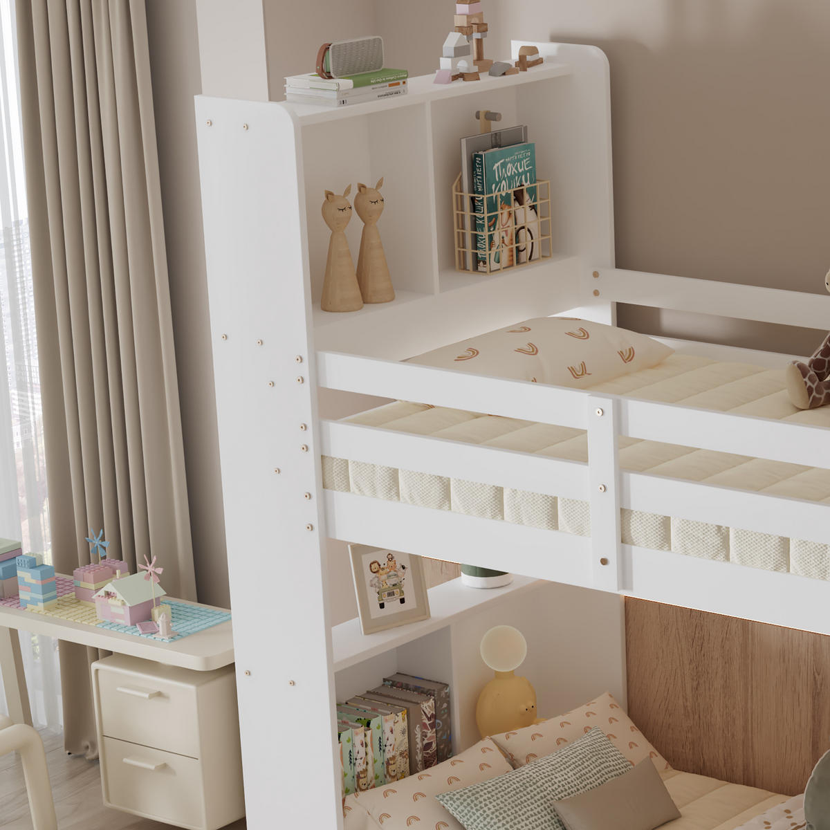 ETAGENBETT 90/200 cm Weiß mit Regalen und sicherer Leiter aus Massivholz - Weiß, Holzwerkstoff (90/200cm) - OKWISH