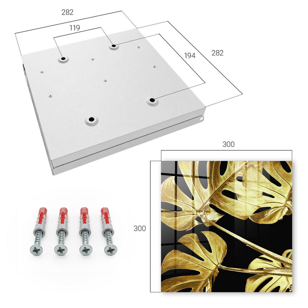 SCHLÜSSELBOX Weiß 30x30 cm – Türöffnung nach rechts - Monstera-Blätter - Gelb, Metall (30/30/5cm) - TULUP
