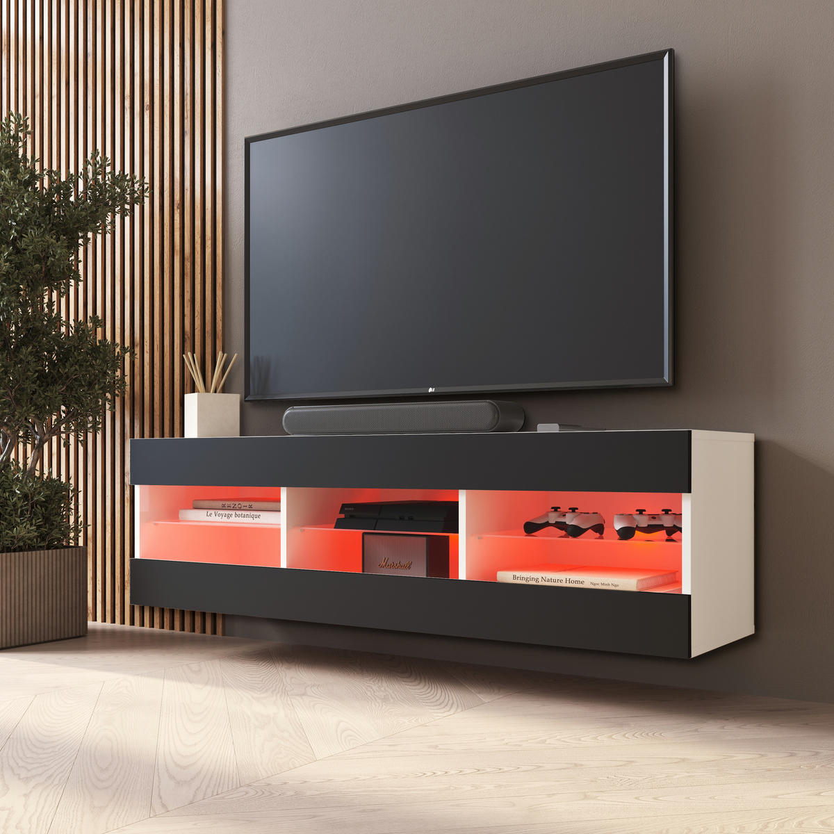 LOWBOARD TIVOLI RTV 140, Schwarz, LED Mehrfarbige - Schwarz/Weiß, Glas/Holzwerkstoff (140/40.5/35.5cm) - Komodee