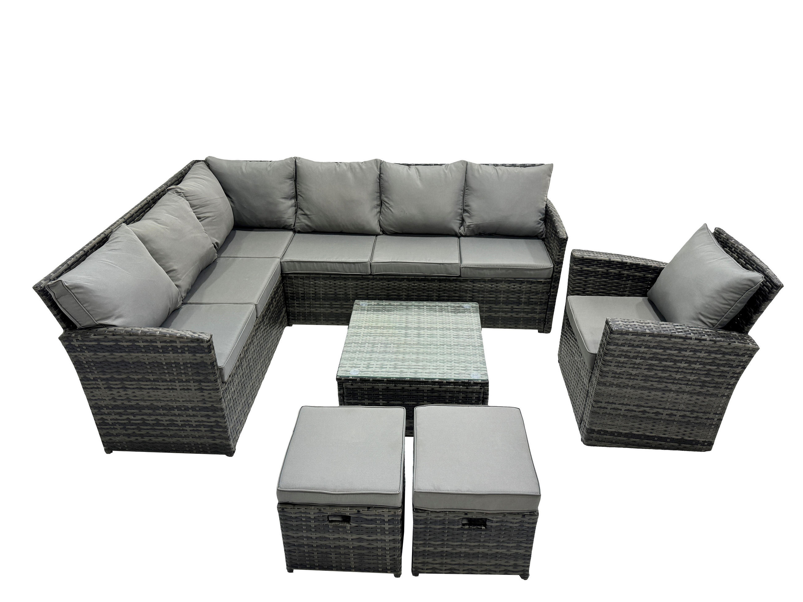 GARTENGARNITUR mit Ecksof,Couchtisch Polyrattan Dunkelgrau 9-Sitzer - Dunkelgrau/Grau, Glas/Kunststoff - Fimous