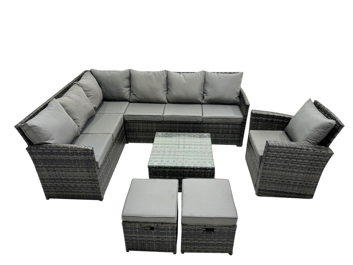 GARTENGARNITUR mit Ecksof,Couchtisch Polyrattan Dunkelgrau 9-Sitzer - Dunkelgrau/Grau, Glas/Kunststoff - Fimous