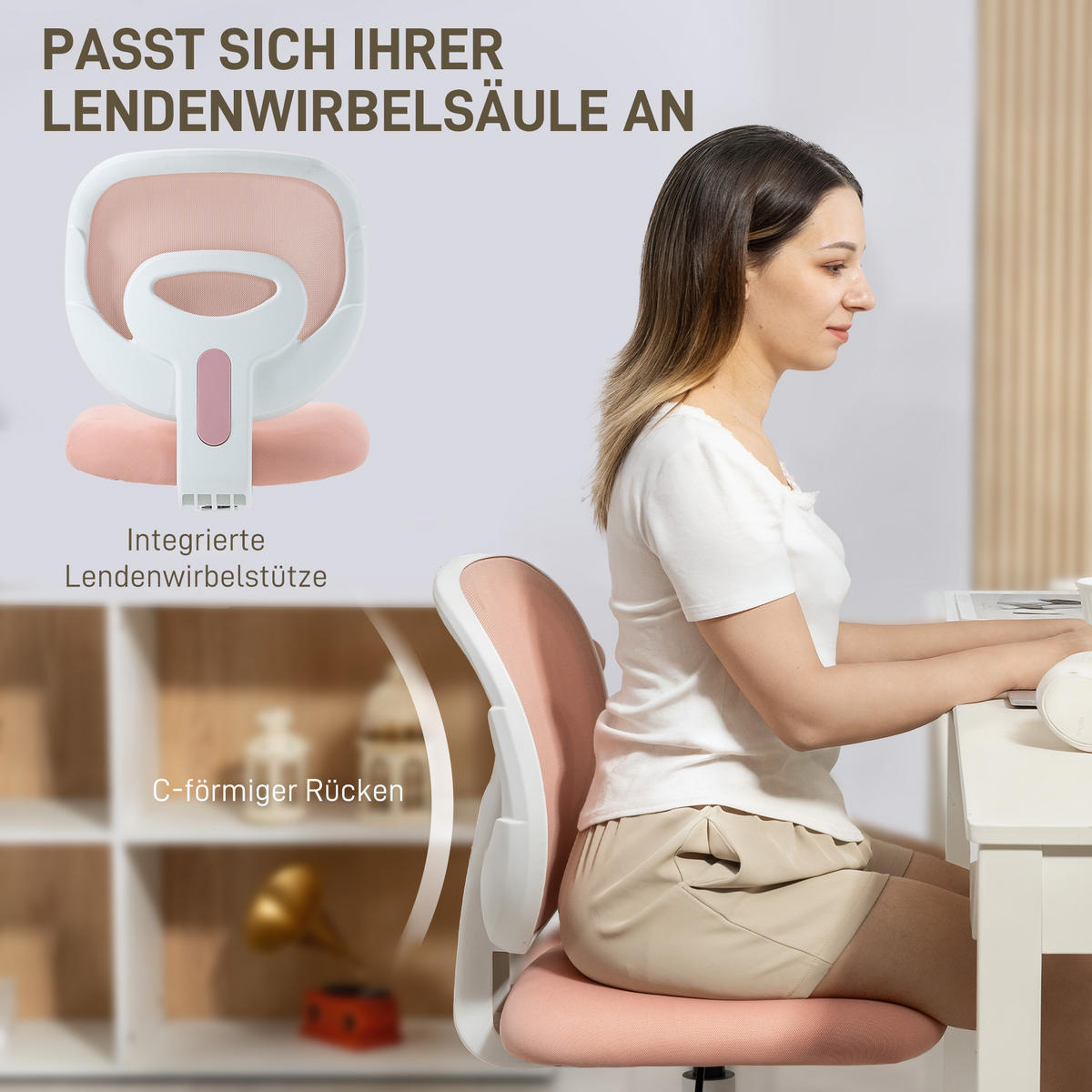 BÜROSTUHL Ergonomischer Schreibtischstuhl mit C-förmiger Rückenstütze, Rosa - Rosa/Weiß, Textil (53/89/59.5cm) - HOMCOM