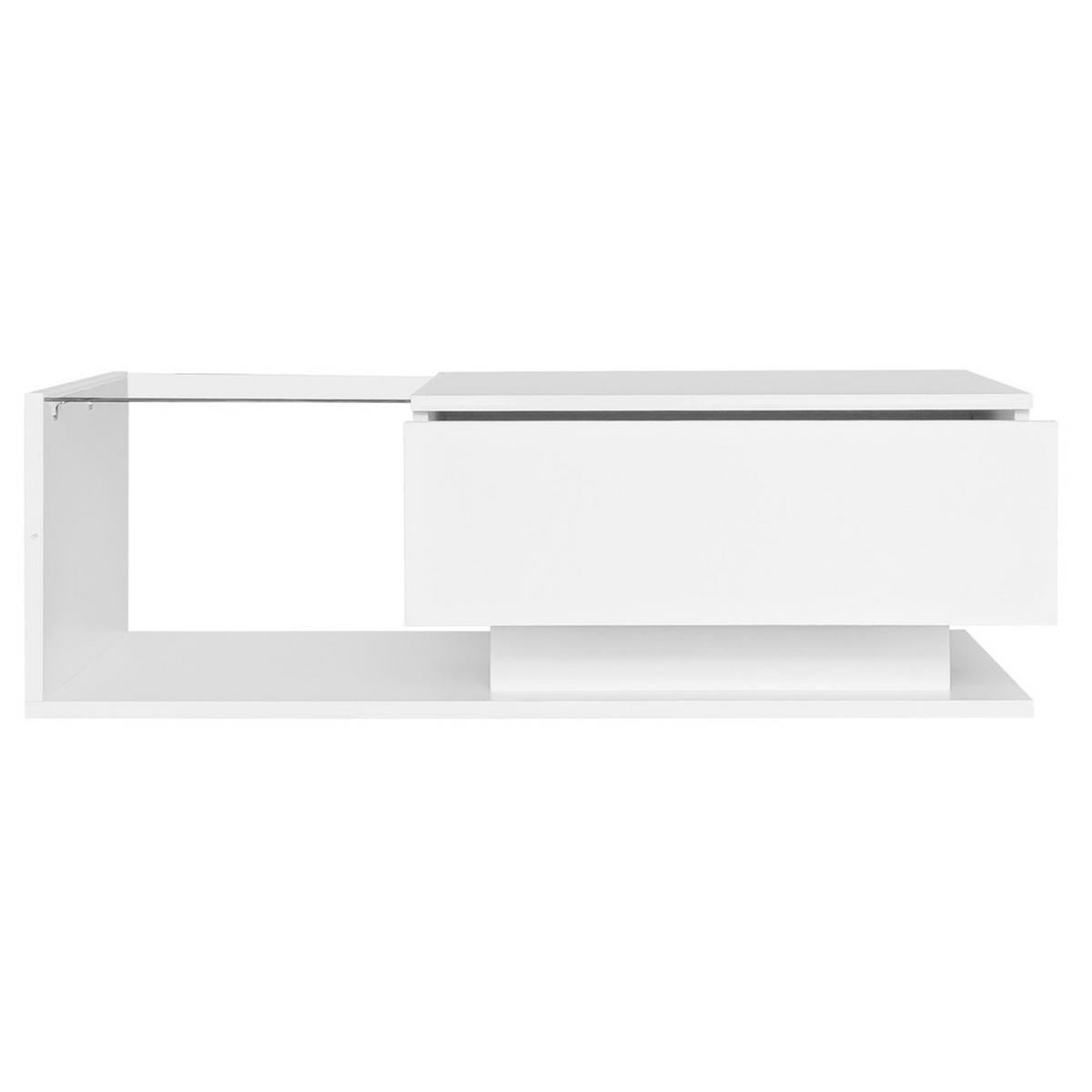 COUCHTISCH 100x50cm Hochglanzweiß Glasplatte Schublade LED-Beleuchtung - Weiß, Holz (100/50/32cm) - FLIEKS