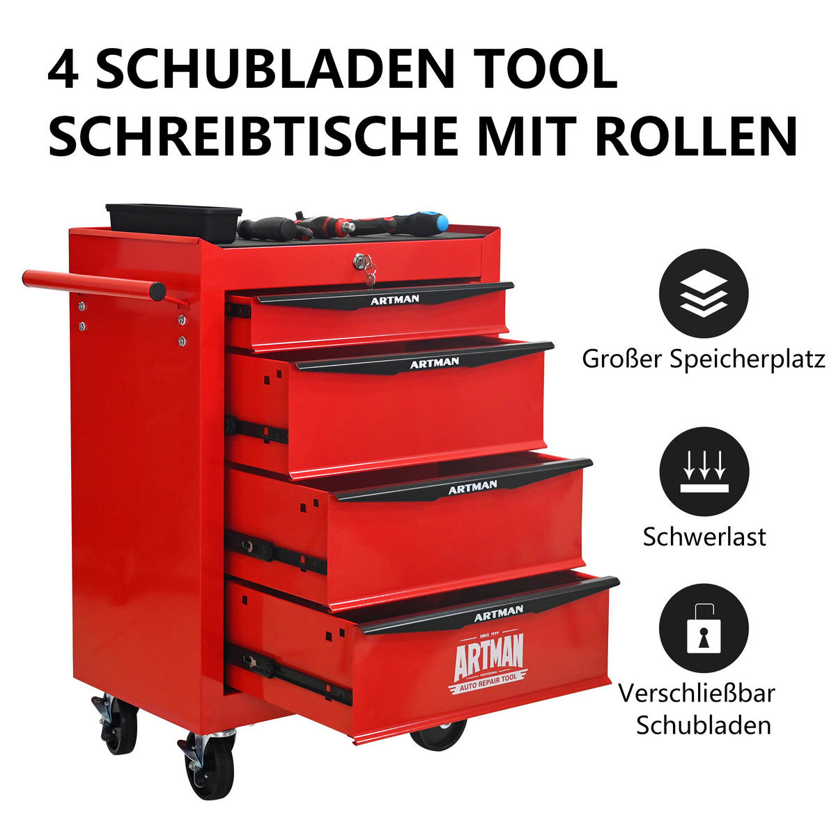 KOMBINATIONSKOFFER – Einheit mit 4 Schubladen, 508 mm (20 Zoll), ausgestattet mit 4 Schubladen, Farbgebung in Rot und Schwarz. - Multicolor, Metall (33/77.5/60cm) - DCA