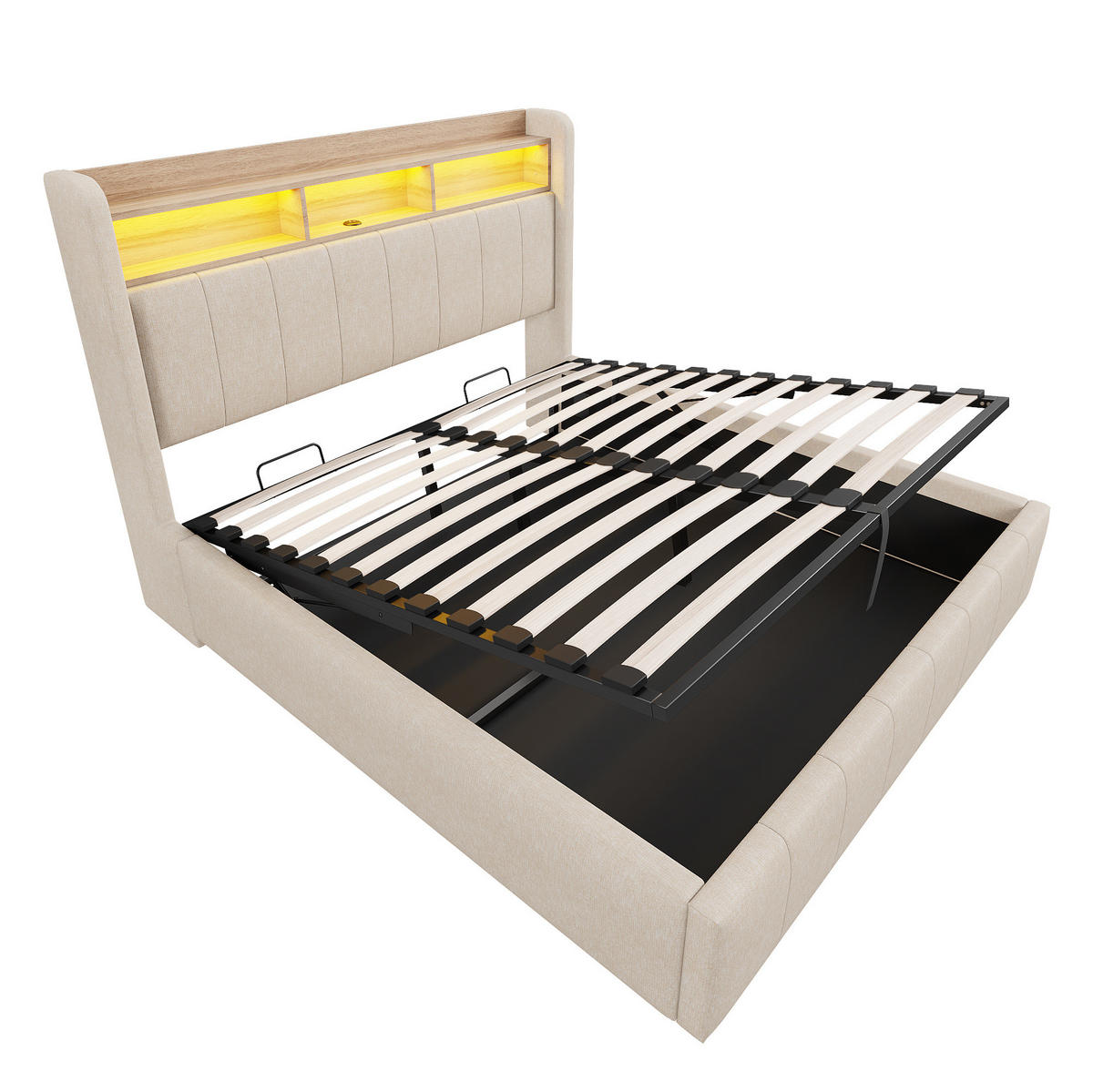 POLSTERBETT 140/200 cm Beige mit LED-Beleuchtung und hydraulischem Stauraum - Beige, Textil (140/200cm) - OKWISH