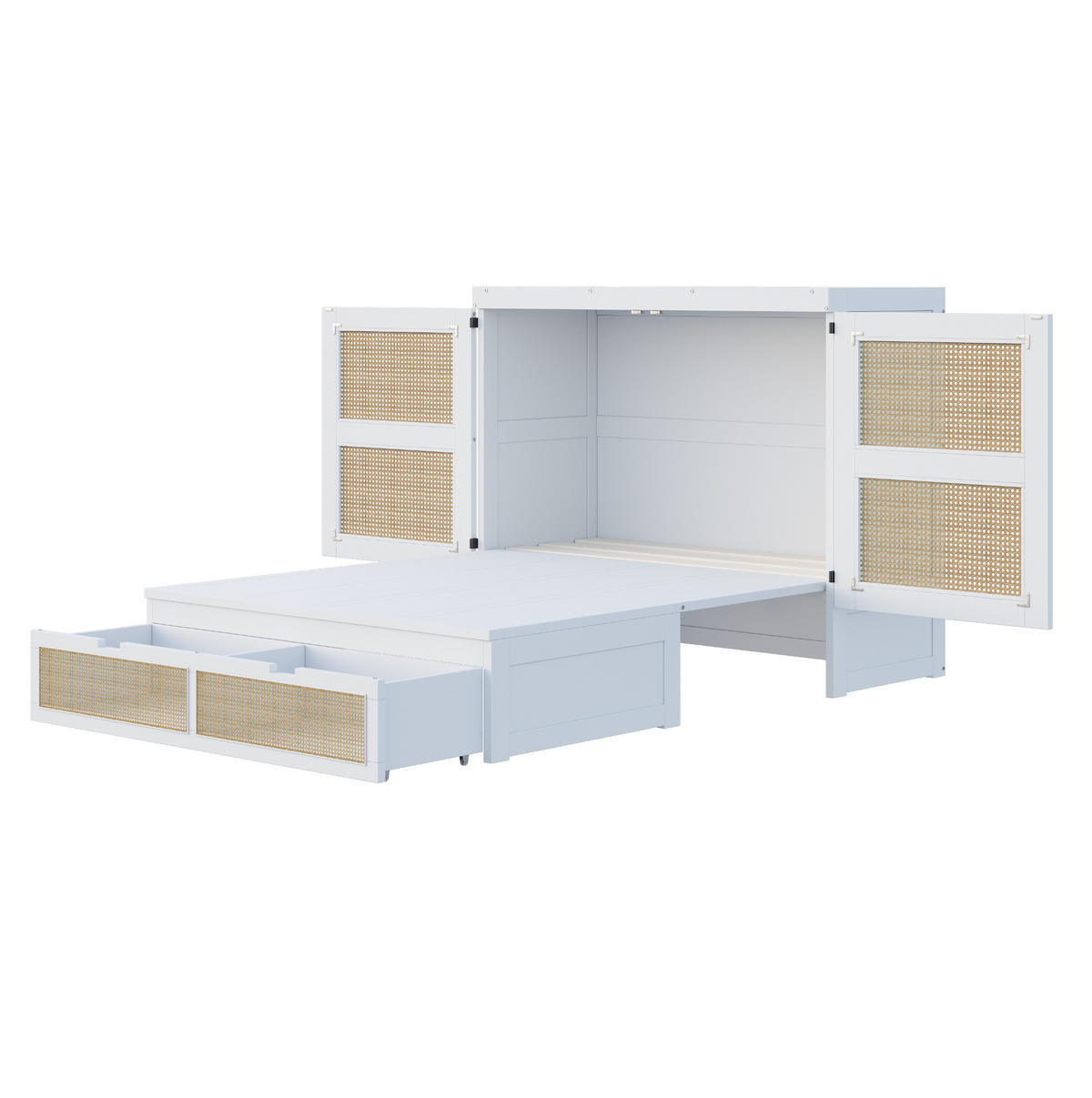 SCHRANKBETT aus Kiefer, Sperrholz und MDF 140x200 cm Weiß mit Lattenrost, Schubladen und Rattan-Design - Weiß, Holzwerkstoff (140/200cm) - Modfu