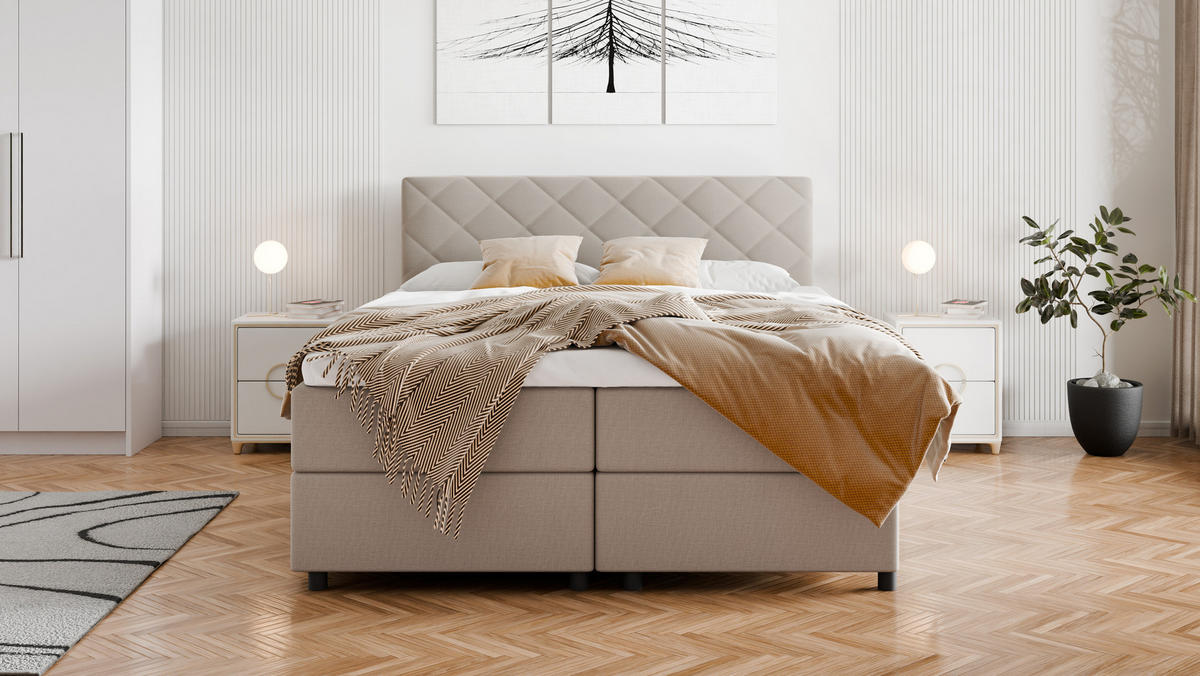 BOXBETT Diamaro 160x200 cm mit Bettkasten und Topper - Cappucino - Beige, Holz (160/200cm) - Panda Möbel