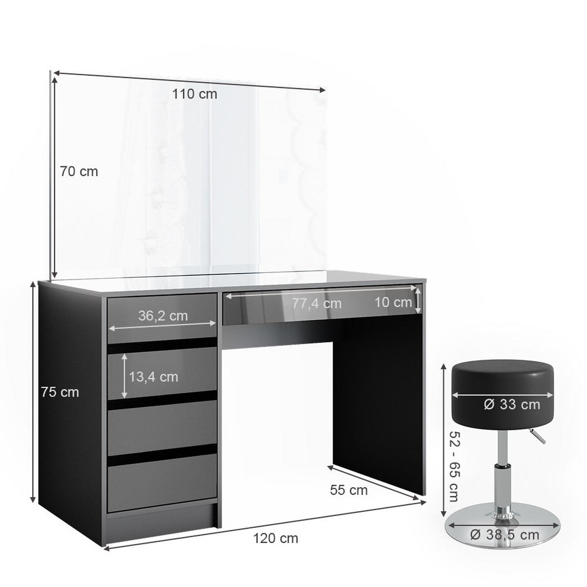 SCHMINKTISCH-SET Sherry Anthrazit 120 cm mit Hocker - Anthrazit, Holzwerkstoff (120/75/55cm) - Vicco