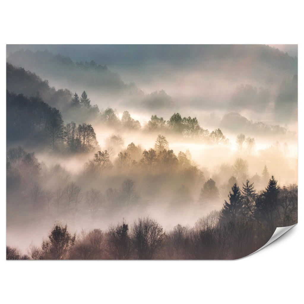 Muralo FOTOTAPETA do Obývacího Pokoje Příroda Mlhavý Les Východ Slunce Hory 500x350