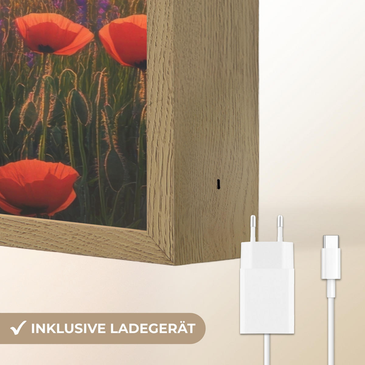 WANDLEUCHTE MIT AKKU Landschaft - Sonnenuntergang - Blumenfeld 100x70 cm - Rot, Holzwerkstoff (100/70/8cm) - OnlyWow