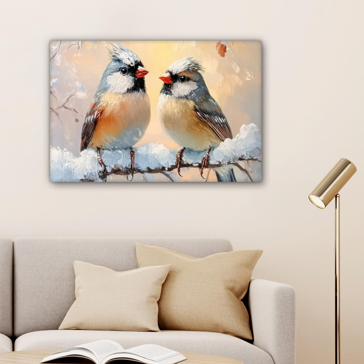 LEINWANDBILD Vögel - Zweig - Winter - Schnee Gemälde 60x40 cm - Pastellblau, Textil (60/40cm) - MuchoWow