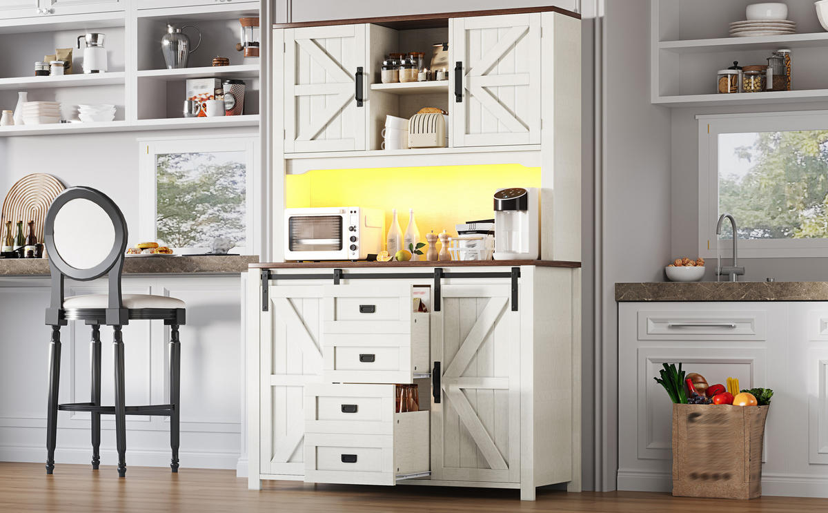 KÜCHENBUFFET mit LED-Beleuchtung und verstellbaren Einlegeböden, 115 x 40 x 174,7 cm, Weiß, MDF und Metall - Weiß, Holzwerkstoff (115/174.7/40cm) - SONNENH