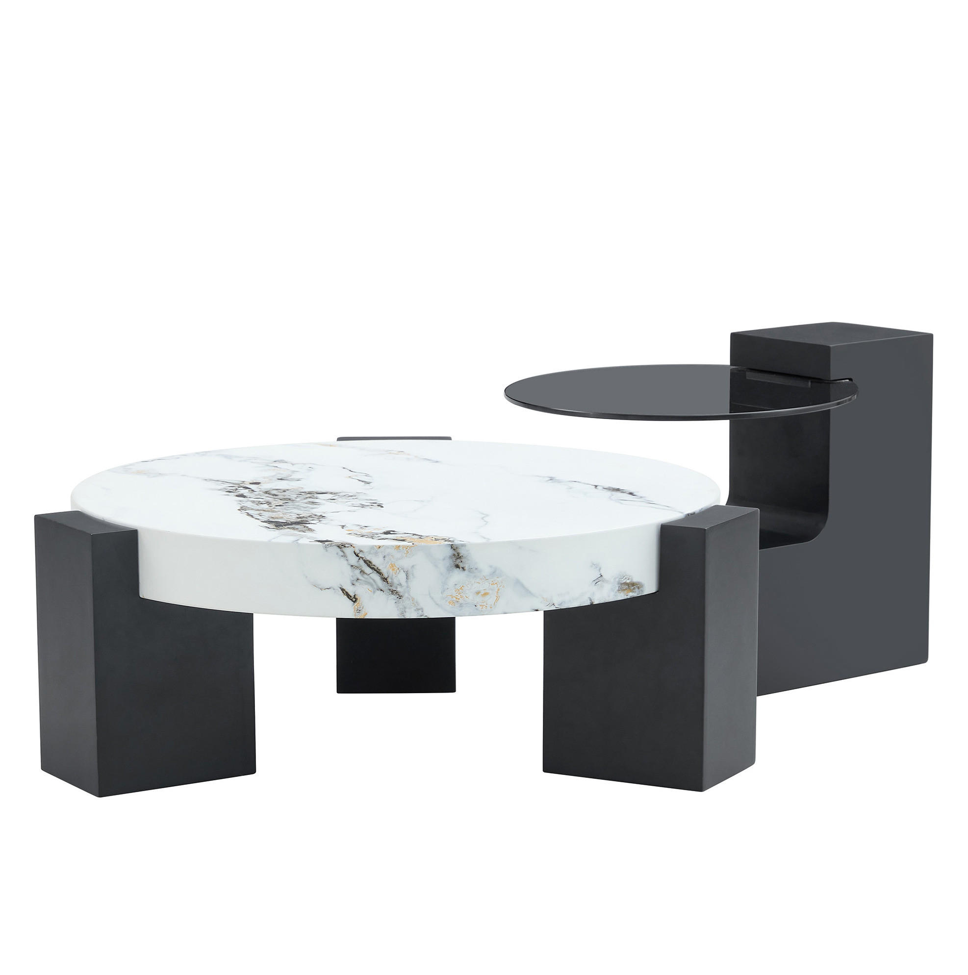 Modfu ODKLÁDACÍ stolek z MDF a skla 61x61x30 cm bílá/černá, sada 2 ks s mramorovým dekorem a variabilním použitím