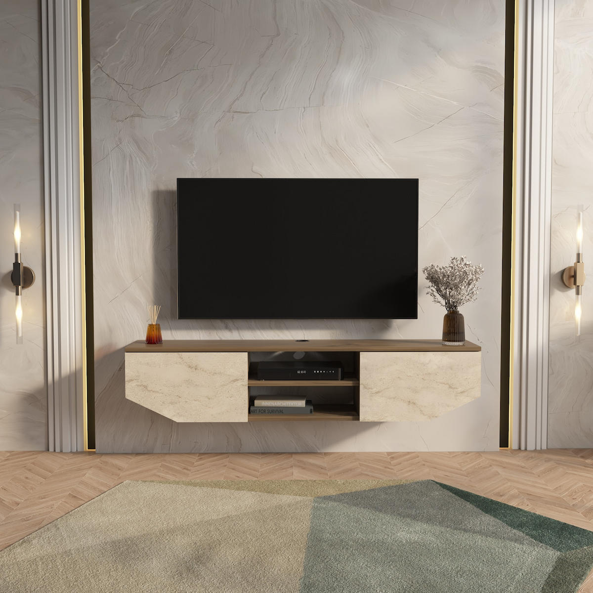 HÄNGENDE TV Einheit Hera Walnuss Travertin - Mokka, Holzwerkstoff (30/12.5/150cm) - Decorotika