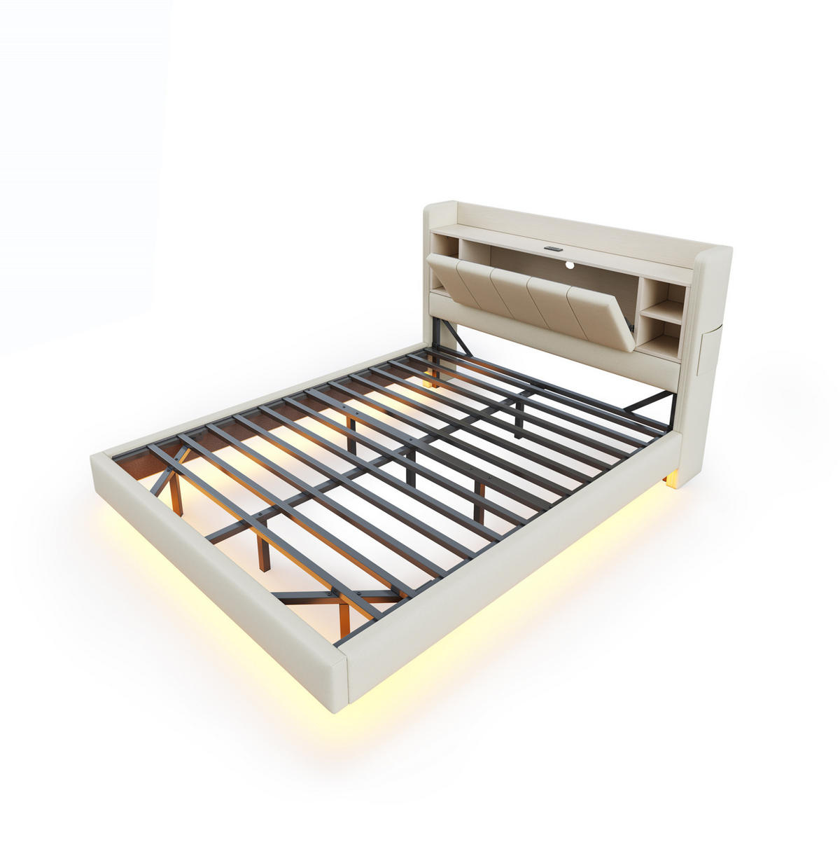 POLSTERBETT 140/200 cm mit LED-Lichtleiste, USB-Anschluss und Stauraum-Kopfteil, Leinenstoff, Beige - Beige, Textil (140/200cm) - Redom