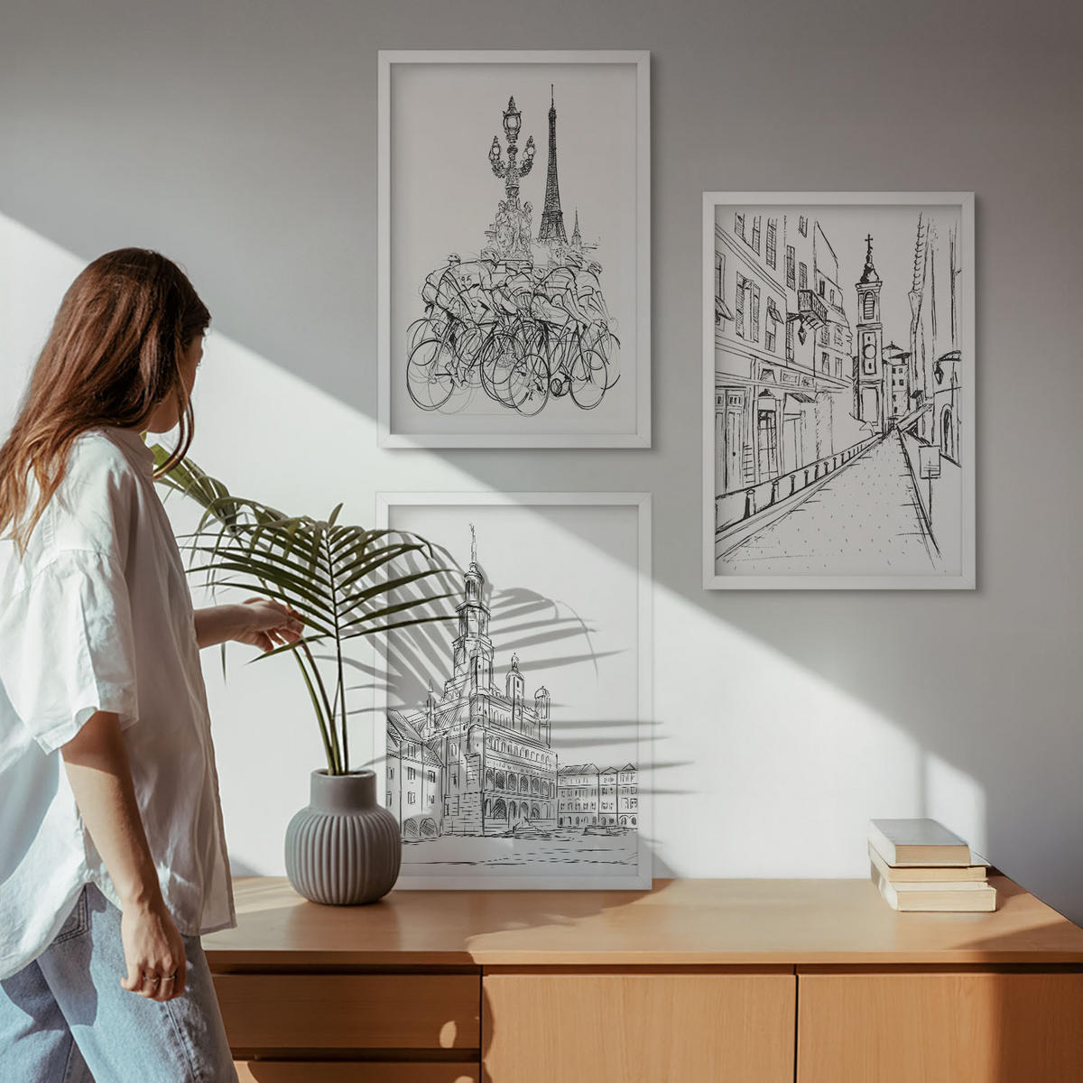BILDER SET 3er Set - 40x60 cm Weißer Rahmen - Einfache Zeichnungen von Stadtlandschaften - Weiß, Kunststoff (40/60cm) - TULUP