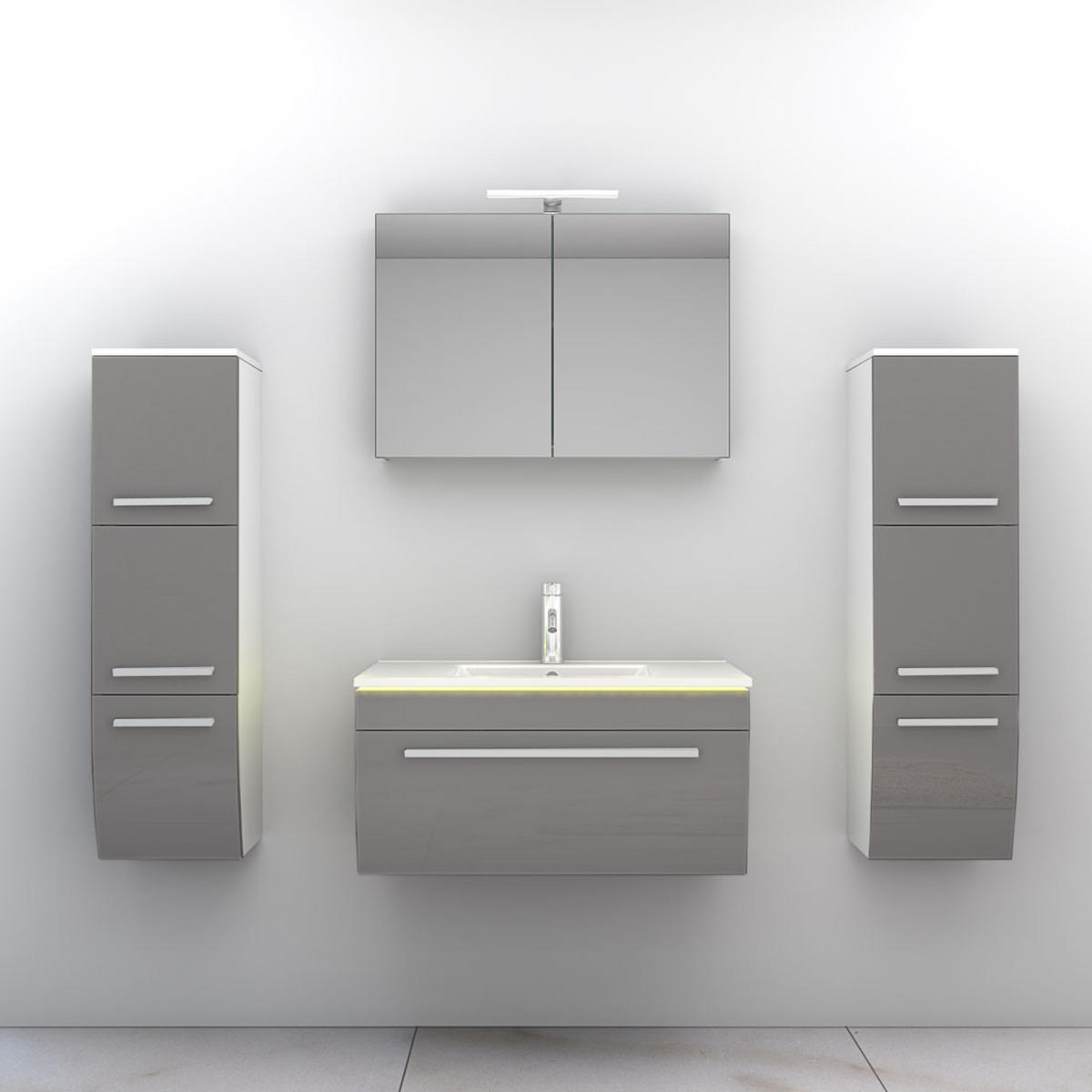 BADMÖBEL Set Gently 3 V3 Weiß/Grau Badezimmermöbel Badspiegel Waschtisch 80 cm ohne LED-Beleuchtung - Grau, Glas/Kunststoff (46/40/80cm) - AcquaVapore by Sandra Jentho
