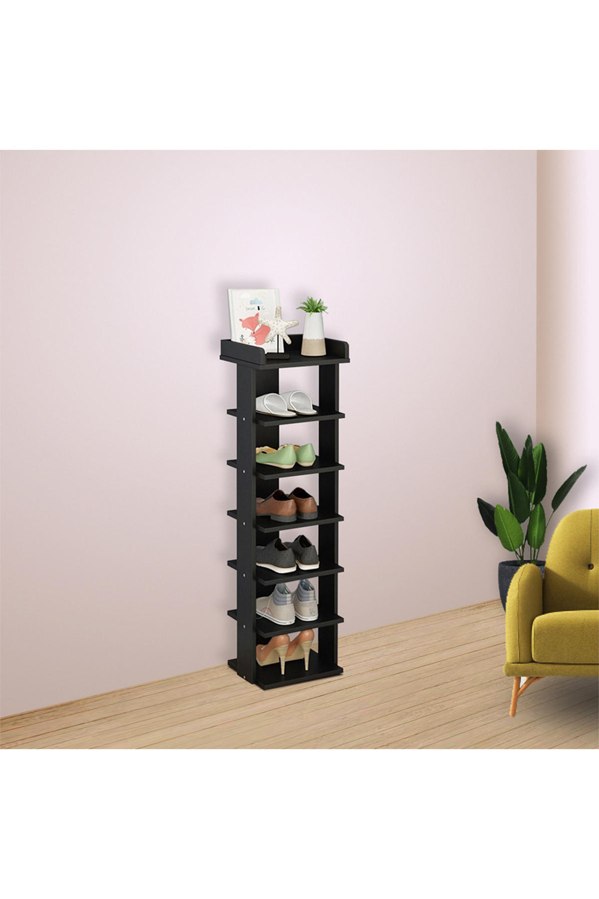 SCHUHREGAL 7-Stufige aus MDF in Schwarz Stabile Konstruktion Offene Ablage Platzsparendes Design 25 x 27 x 104 cm - Schwarz, Kunststoff (25/104/27cm) - Livingandhome