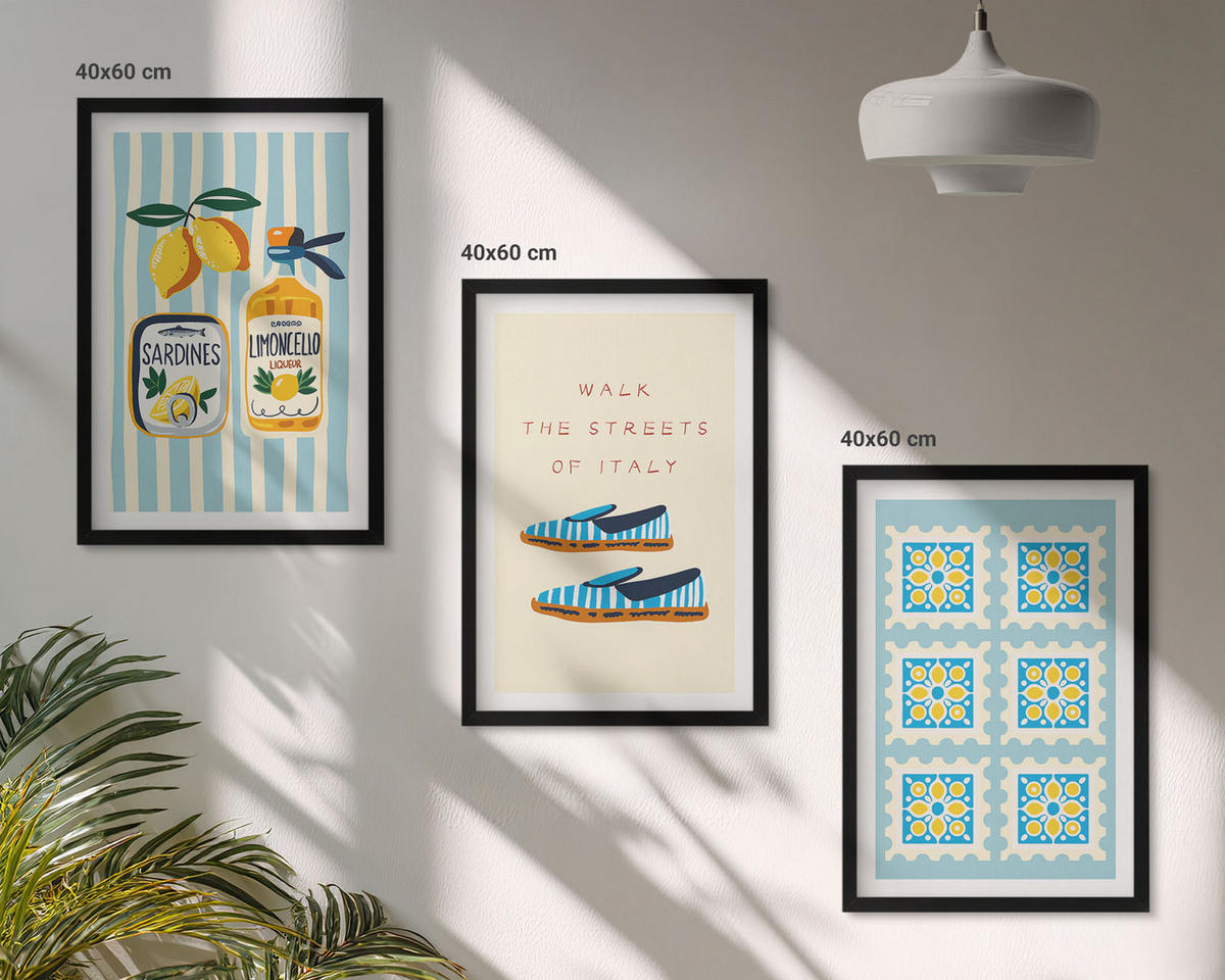 BILDER SET 3er Set - 40x60 cm Schwarzer Rahmen - Früchte, Elemente der italienischen Kultur - Schwarz, Kunststoff (40/60cm) - TULUP