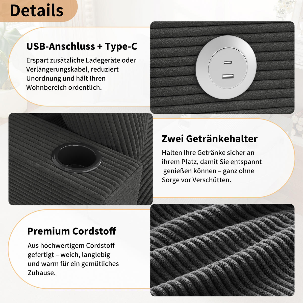 SCHLAFSOFA 2-Sitzer mit Handyhalter, USB und Getränkehalter, Grau - Grau, Textil (163/82/140cm)