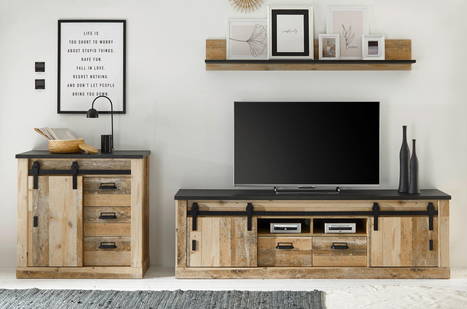 WOHNWAND Used Wood hell, anthrazit 3-teilig 314 cm, Schrankwand mit Soft-Close - Anthrazit/Schwarz, Holzwerkstoff/Metall (314/180/43cm) - Furn.Design