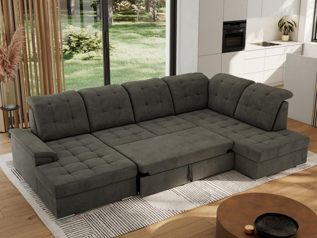 WOHNLANDSCHAFT MADRITO U - Dunkelgrau Velorus - Rechts - Dunkelgrau/Silberfarben, Textil/Metall (323/89/204cm) - MKS