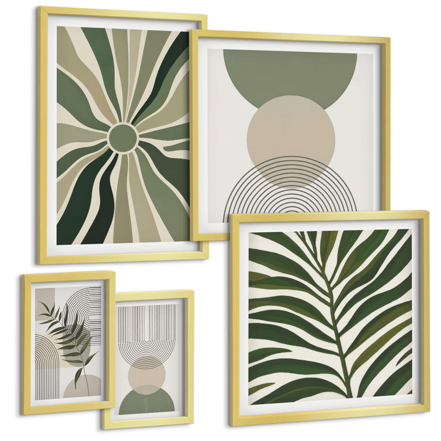 BILDER SET 5er Set - 50x50 cm & 20x30 cm & 40x60 cm Goldrahmen - Abstrakte Blätter im Boho-Stil - Goldfarben, Kunststoff (40/60cm) - TULUP