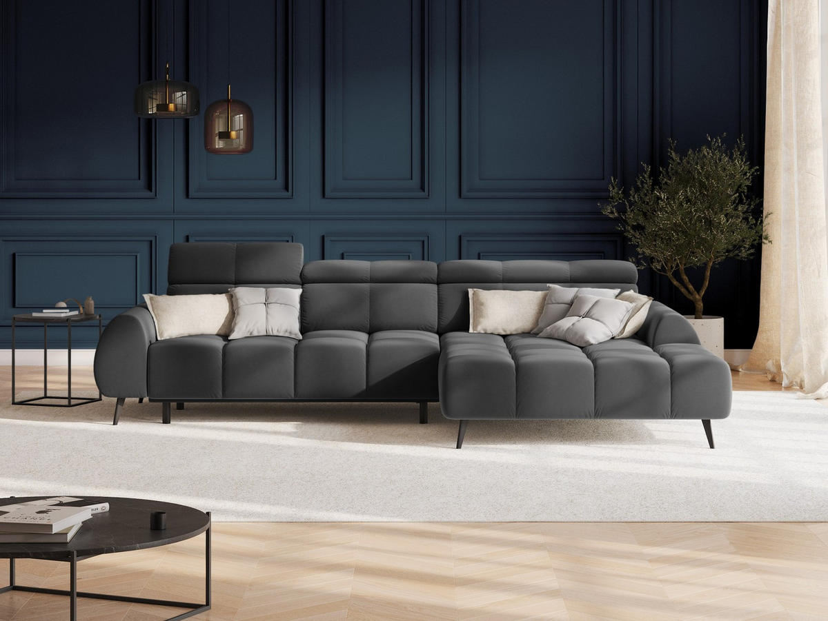 ELEKTRISCHES-ECKSOFA rechts Alyse aus Samt grau 5 Sitzplätze - Grau, Textil (188/295cm) - Micadoni