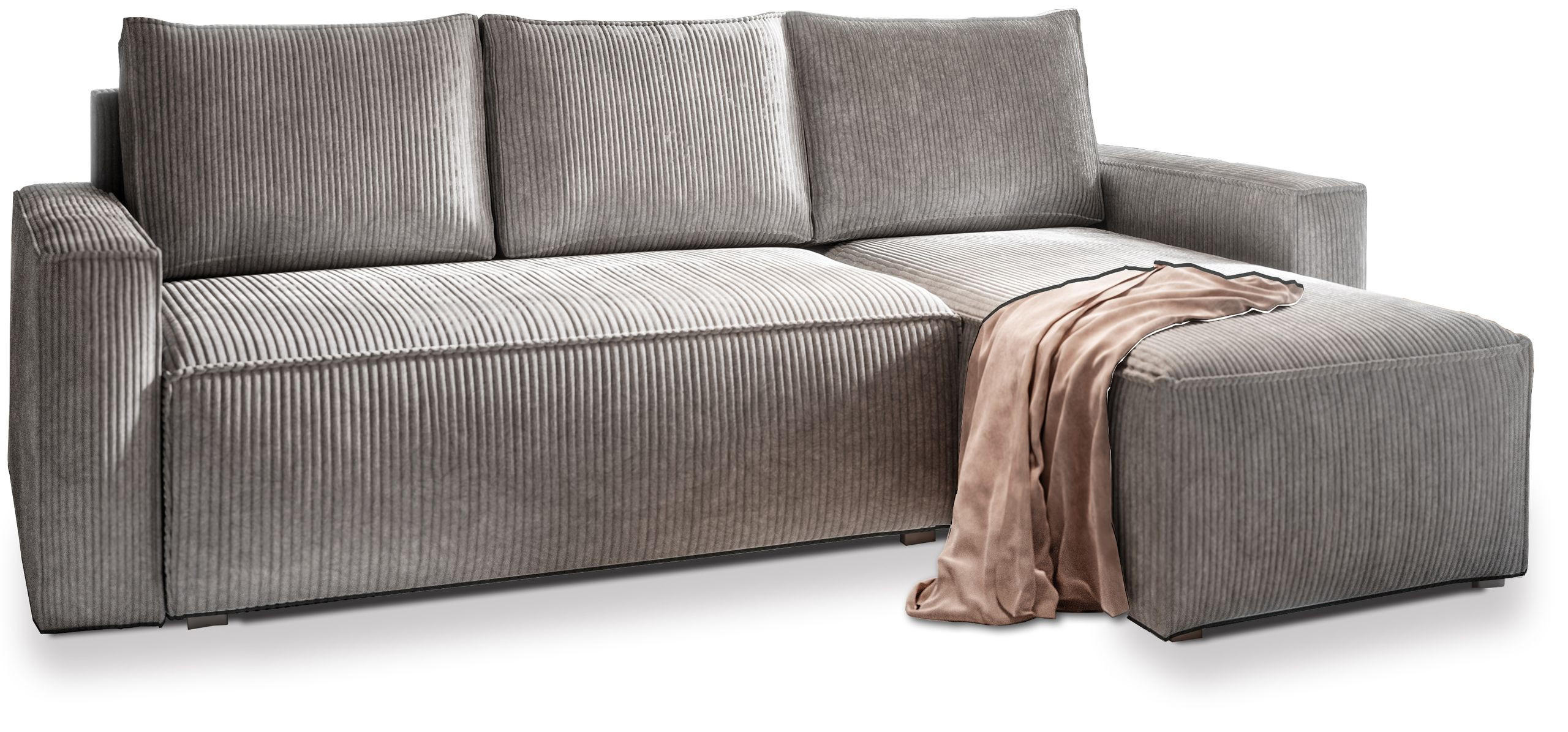 ECKSOFA POTARO Hellgrau Kordstoff mit Schlaffunktion - Hellgrau, Holz (232/140cm) - MASSENO