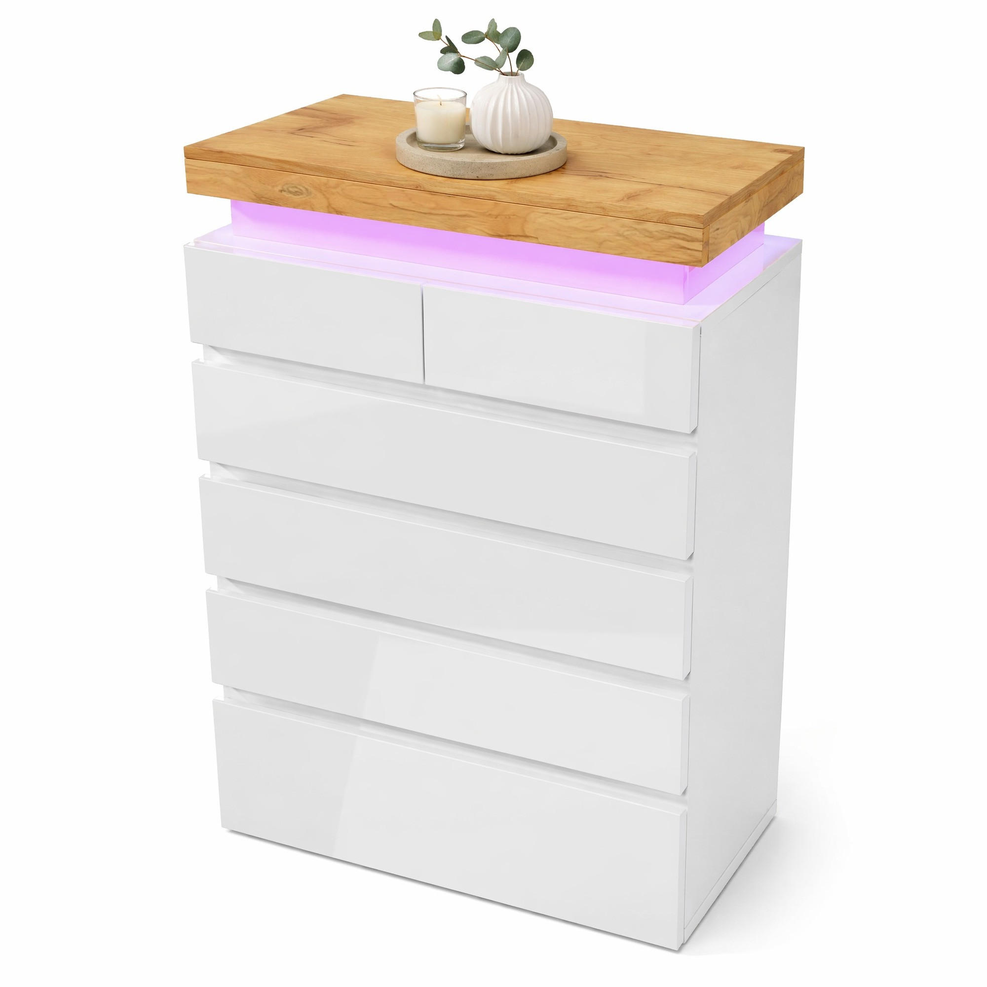 SIDEBOARD in Weiß Hochglanz Sideboard mit Schubladen und LED für Wohnzimmer und Schlafzimmer, B73/T39/H115 cm - Weiß, Holzwerkstoff (73/115/39cm) - STILVORA