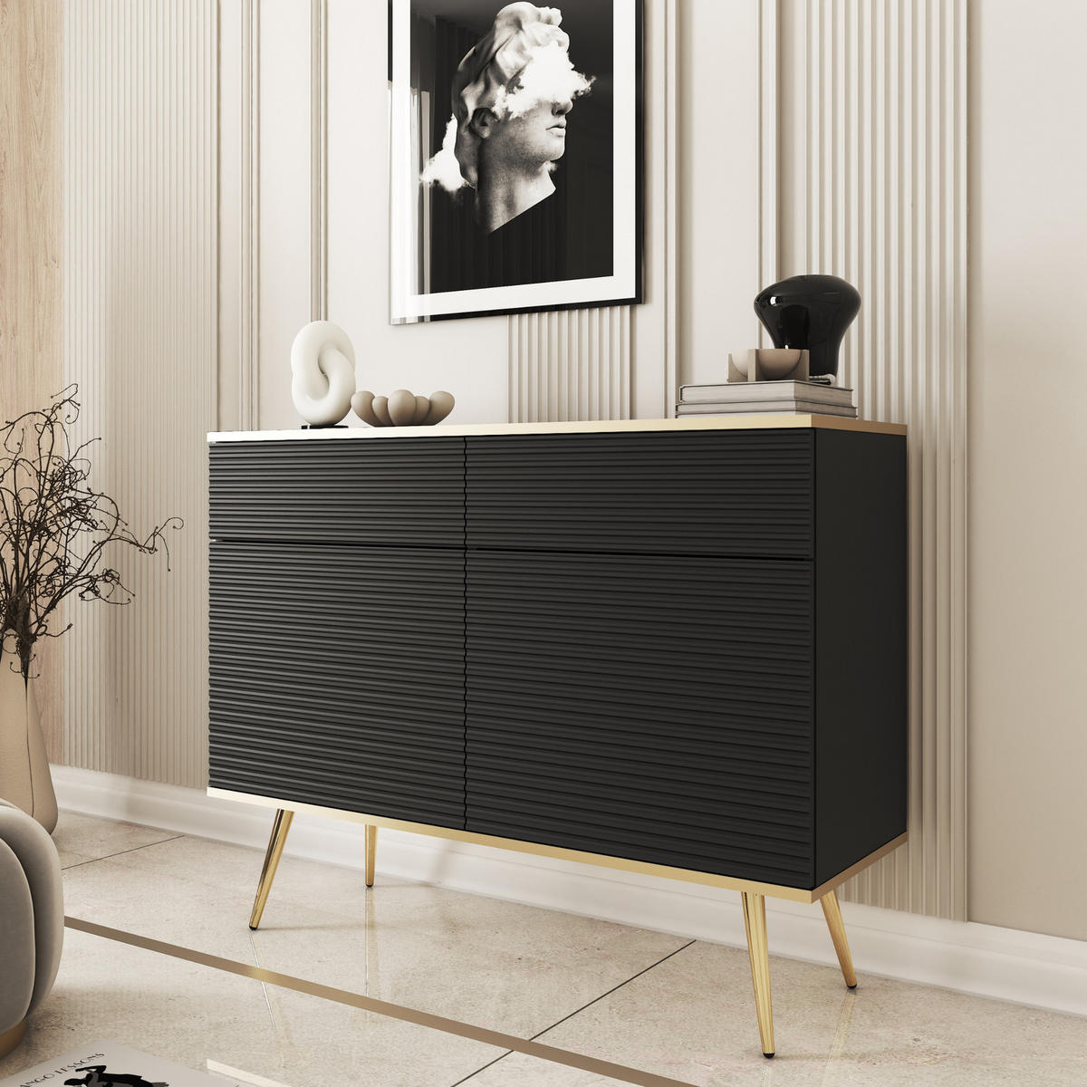 KOMMODE FORNO (Schwarz, Rillenfront, Goldene Details, 2 Türen, 2 Schubladen, goldene Metallfüße, 107 cm) - Gelb/Goldfarben, Holz/Holzwerkstoff (107/85/39cm) - Ravio
