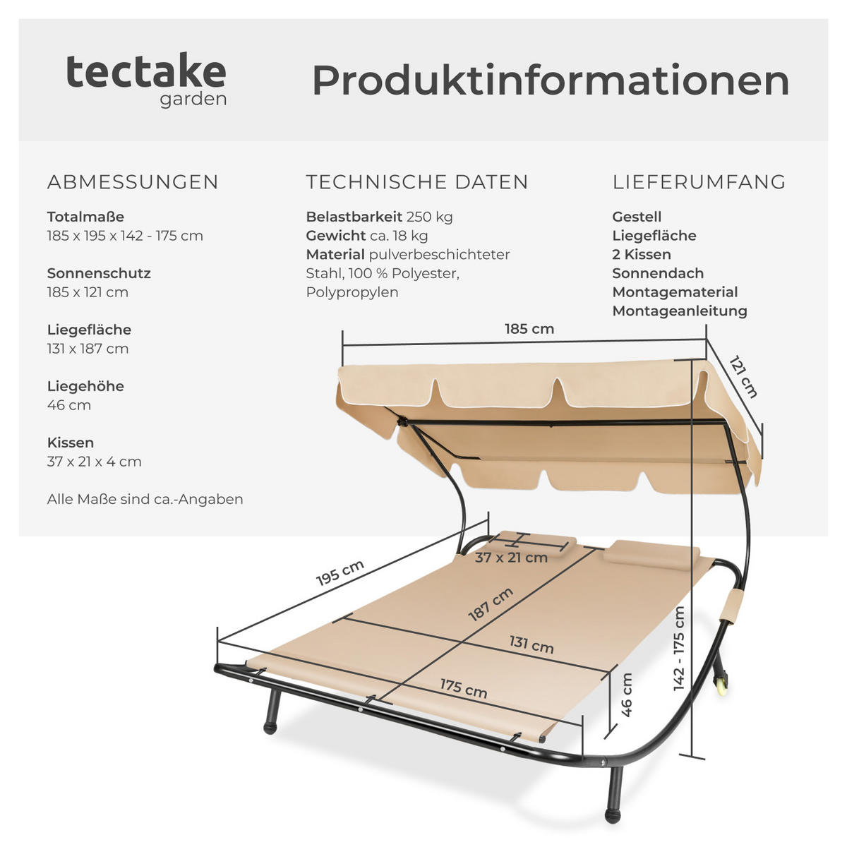 GARTENLIEGE Livorno,215 x 183 x 150 cm,schwarz/beige - Beige/Schwarz, Kunststoff (185/175/195cm) - tectake
