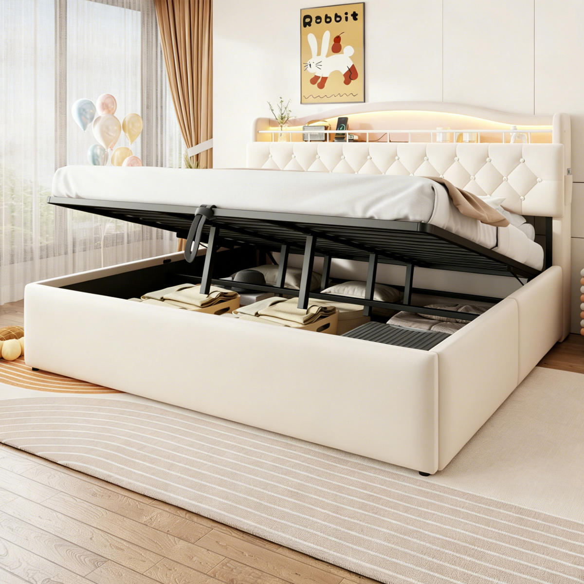 POLSTERBETT 180/200 cm in Beige mit Bettkasten, LED, USB und USB-C Samt - Beige, Holzwerkstoff/Textil (180/200cm) - STILVORA