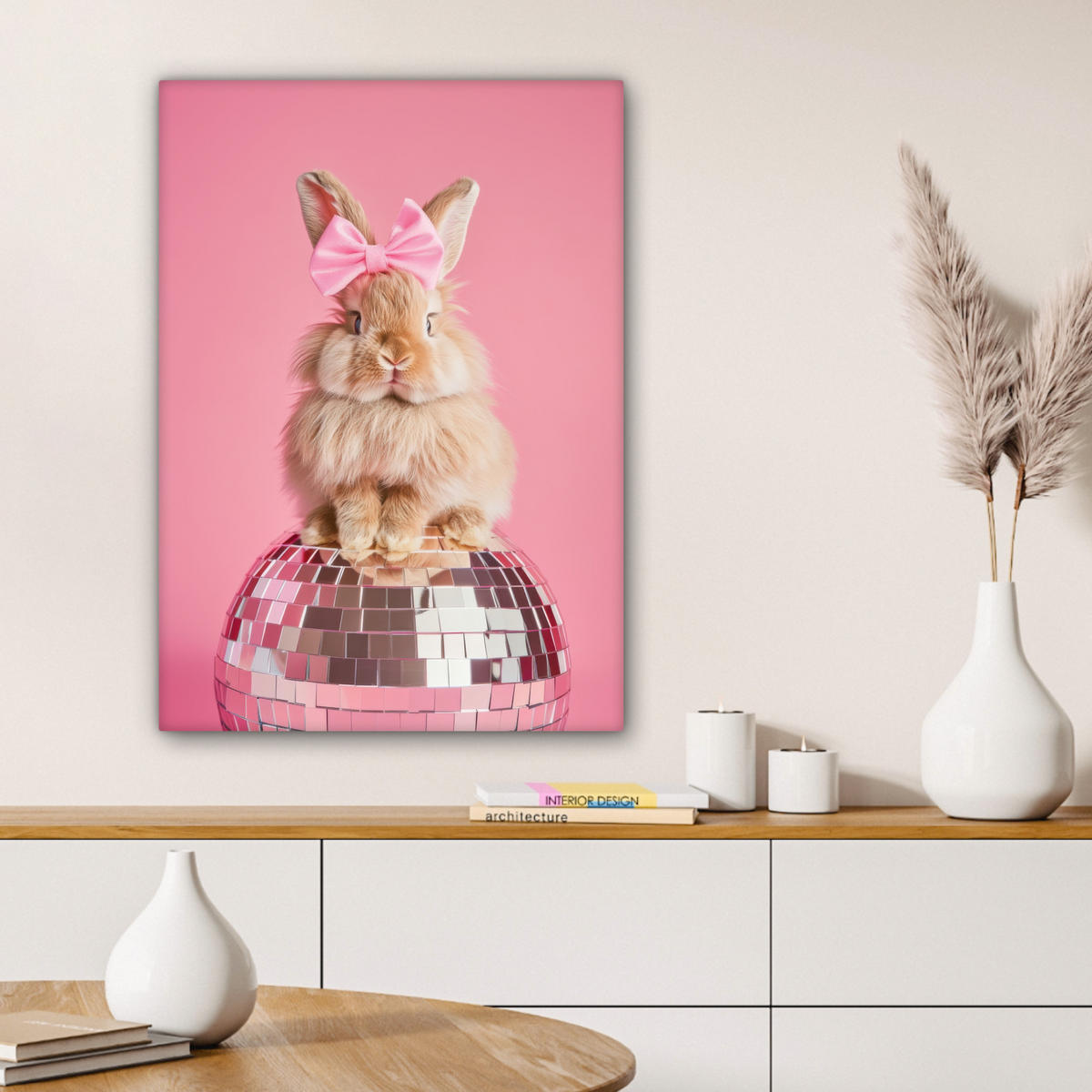 LEINWANDBILD Schleife - Discoball - Kaninchen Wandbild Wohnzimmer 60x80 cm - Pink, Textil (60/80cm) - MuchoWow