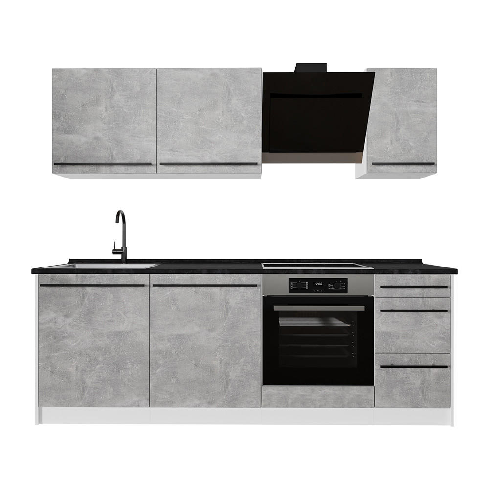 KÜCHENZEILE R-Line, Beton/Weiß, 220 cm Arbeitsplatte Anthrazit - Weiß/Grau, Holzwerkstoff (220/81.6/60cm) - Vicco
