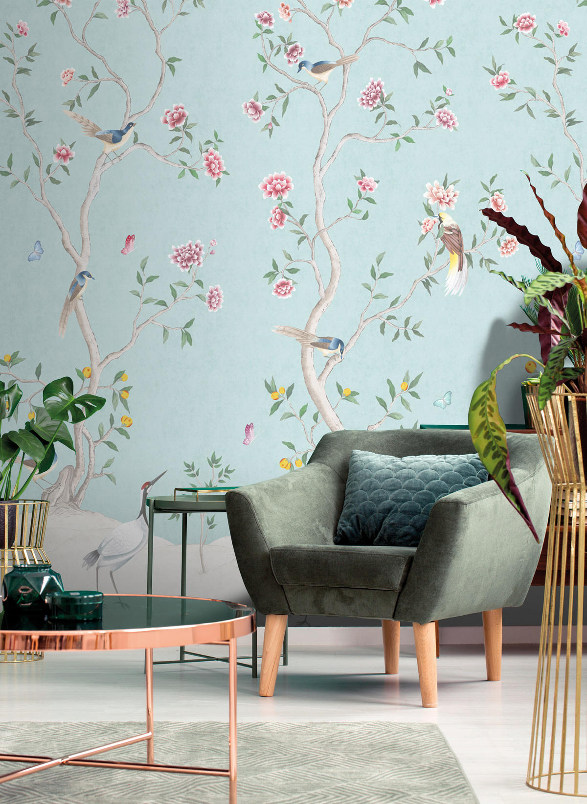 FOTOTAPETE Blumen und Vögel 159 x 280 cm - Blau, Papier (159/280cm) - Sanders & Sanders