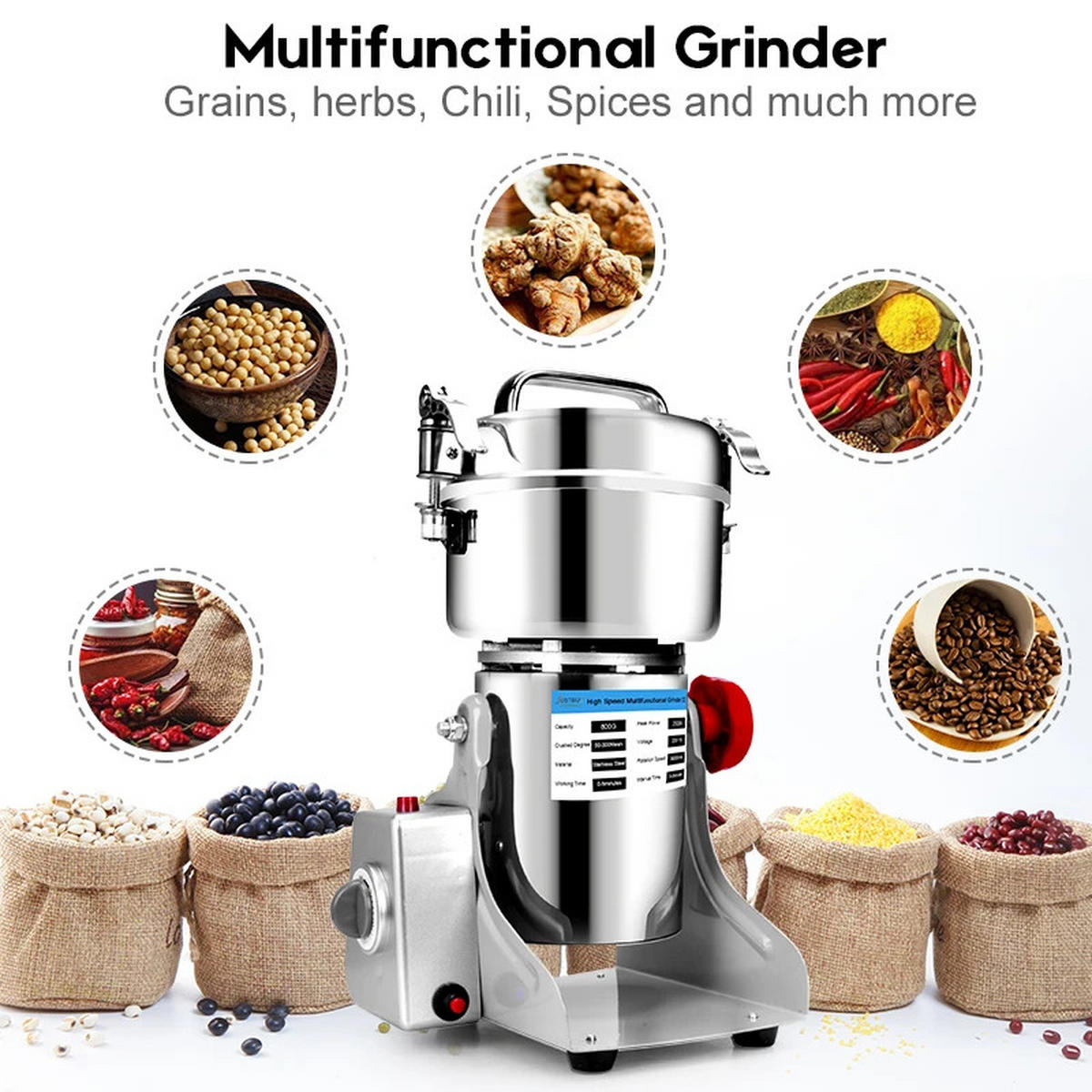 GETREIDEMÜHLE 800G 3000W Kräuter Kaffee Gewürze Trockenmühle - Silberfarben, Metall (13.5/37/15.5cm) - Bextcok