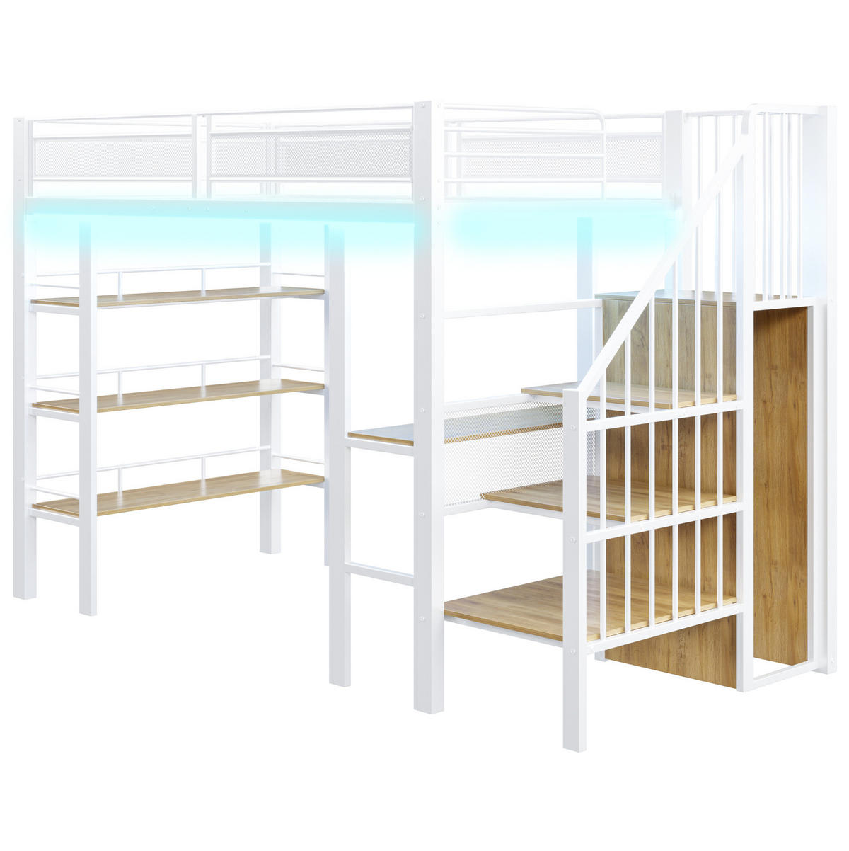 HOCHBETT 90/200 cm mit LED-Lichtleiste, Schreibtisch, Regal und Kleiderschrank, Weiß - Weiß, Holzwerkstoff (90/200cm) - Redom