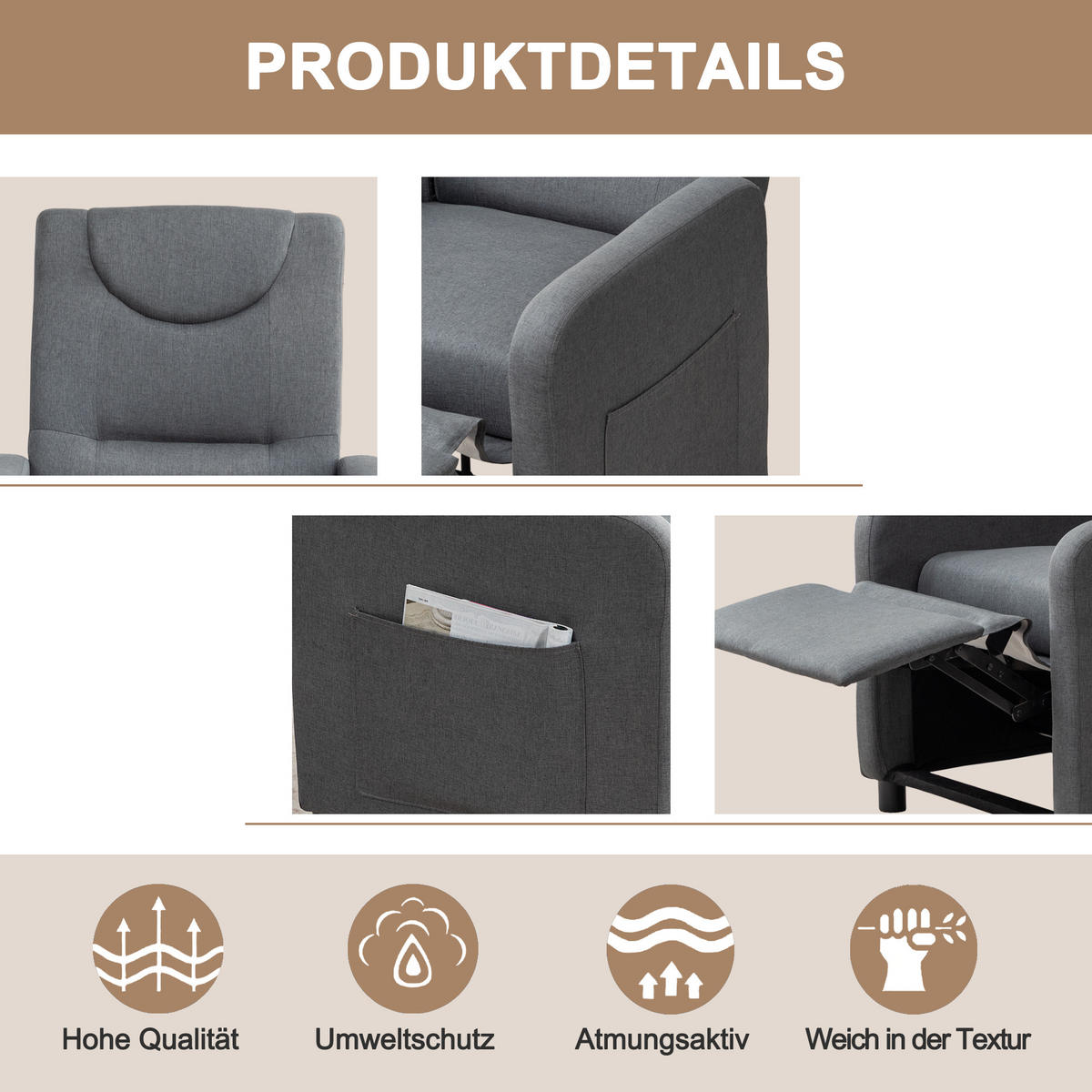 RELAXSESSEL Leinen mit verstellbarer Rückenlehne, Fußstütze 76,5/67,5/95,5 cm Dunkelgrau - Grau, Kunststoff (67.5/95.5/76.5cm) - Redom