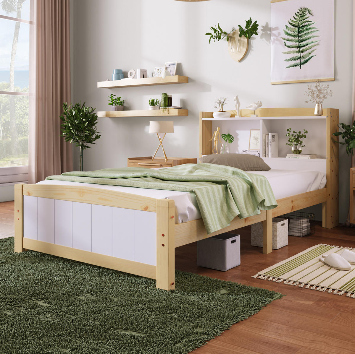 EINZELBETT 90/200 cm aus Massivholz mit Stauraum-Kopfteil, Lattenrost und Federkernmatratze, Natur/Weiß - Naturfarben, Holz - Redom