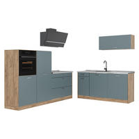 KÜCHENZEILE R-Line, Blau-Grau/Goldkraft Eiche, 220 cm Arbeitsplatte Marmor - Eichefarben/Blaugrau, Holzwerkstoff (220/143/60cm) - Vicco