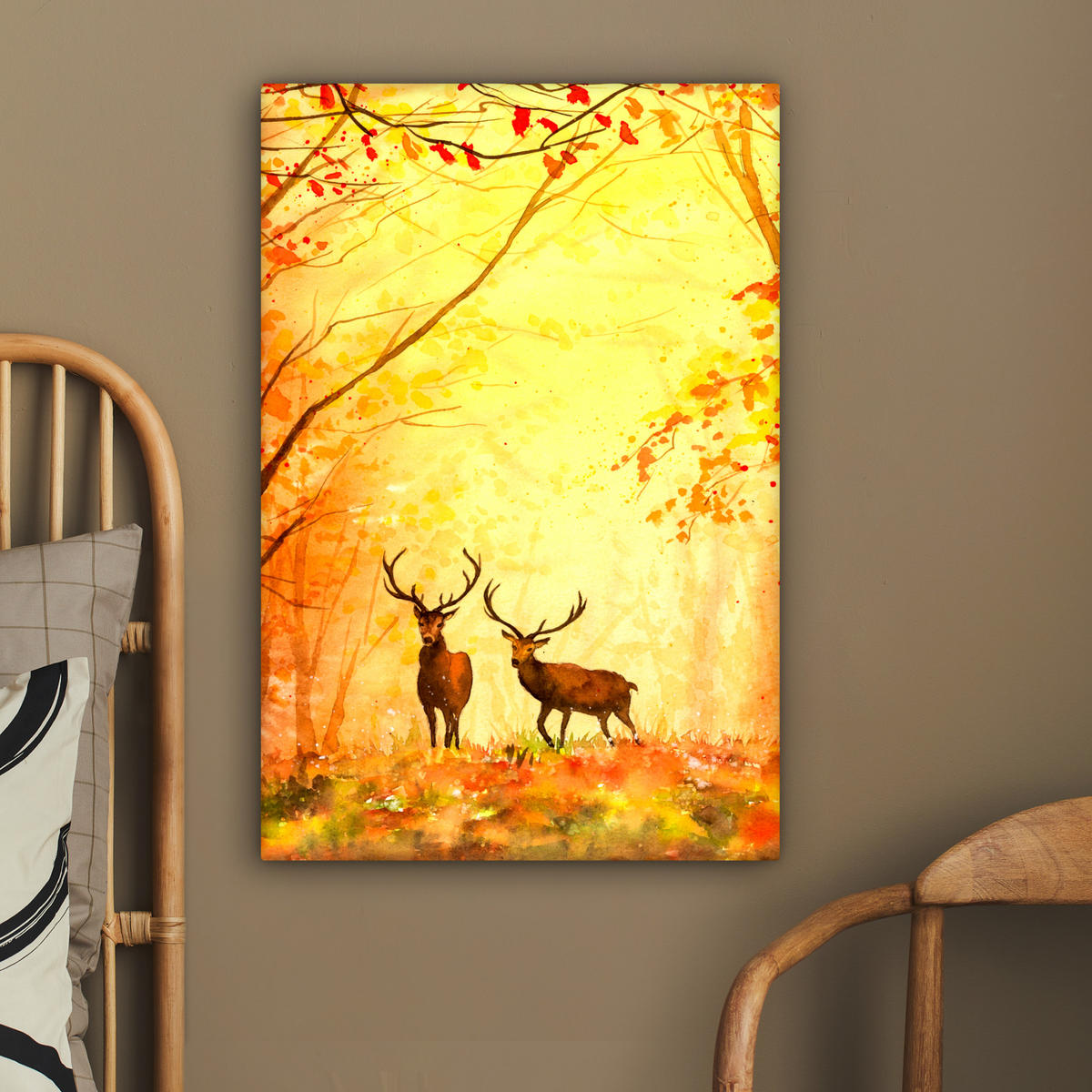 LEINWANDBILD Natur - Ölfarbe - Hirsche - Tiere - Herbst - Orange 60x90 cm - Orange, Textil (60/90cm) - MuchoWow