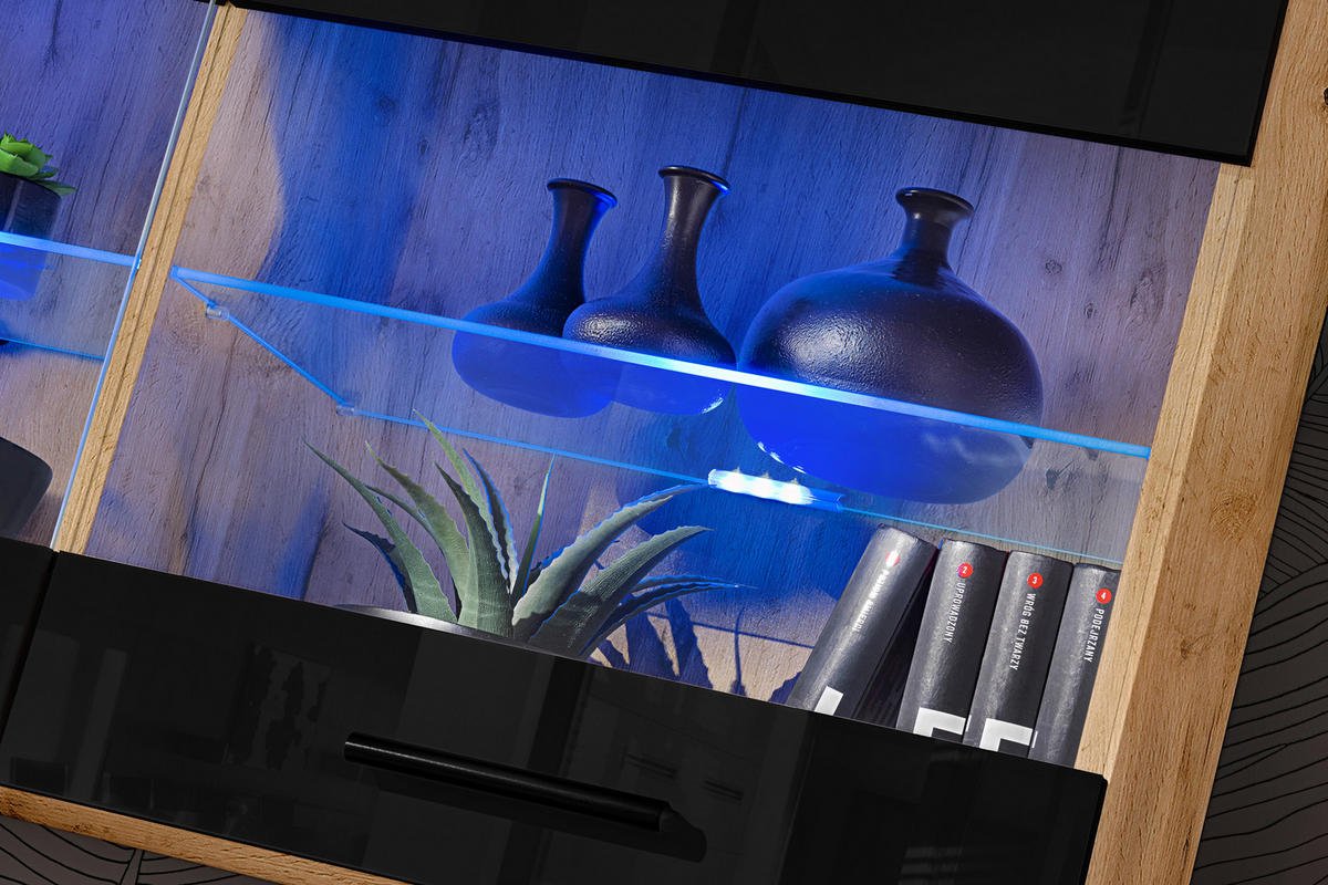 HÄNGEVITRINE SAVONA, Schwarz, LED Blau - Eiche Wotan/Schwarz, Glas/Holzwerkstoff (100/50/27.2cm) - Komodee