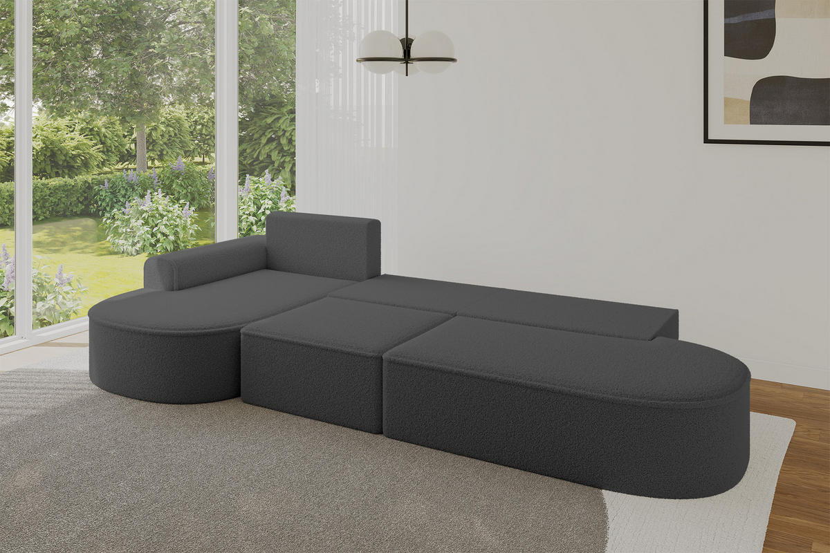 ECKSOFA mit Schlaffunktion Ottomane Links MARI L2-S 368X167X85 Grau Bouclé - Schwarz/Grau, Holzwerkstoff/Kunststoff (368/167cm) - ALTDECOR