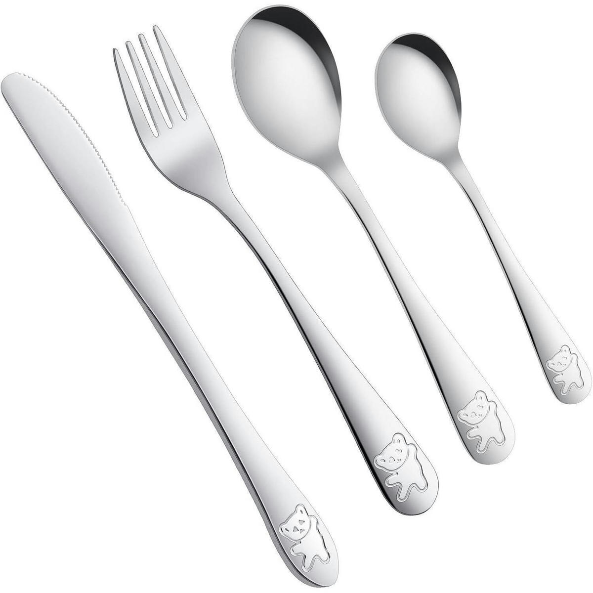 KINDERBESTECK 4-teiliges Set Edelstahl mit Bärenmotiv, graviert - Silberfarben, Metall