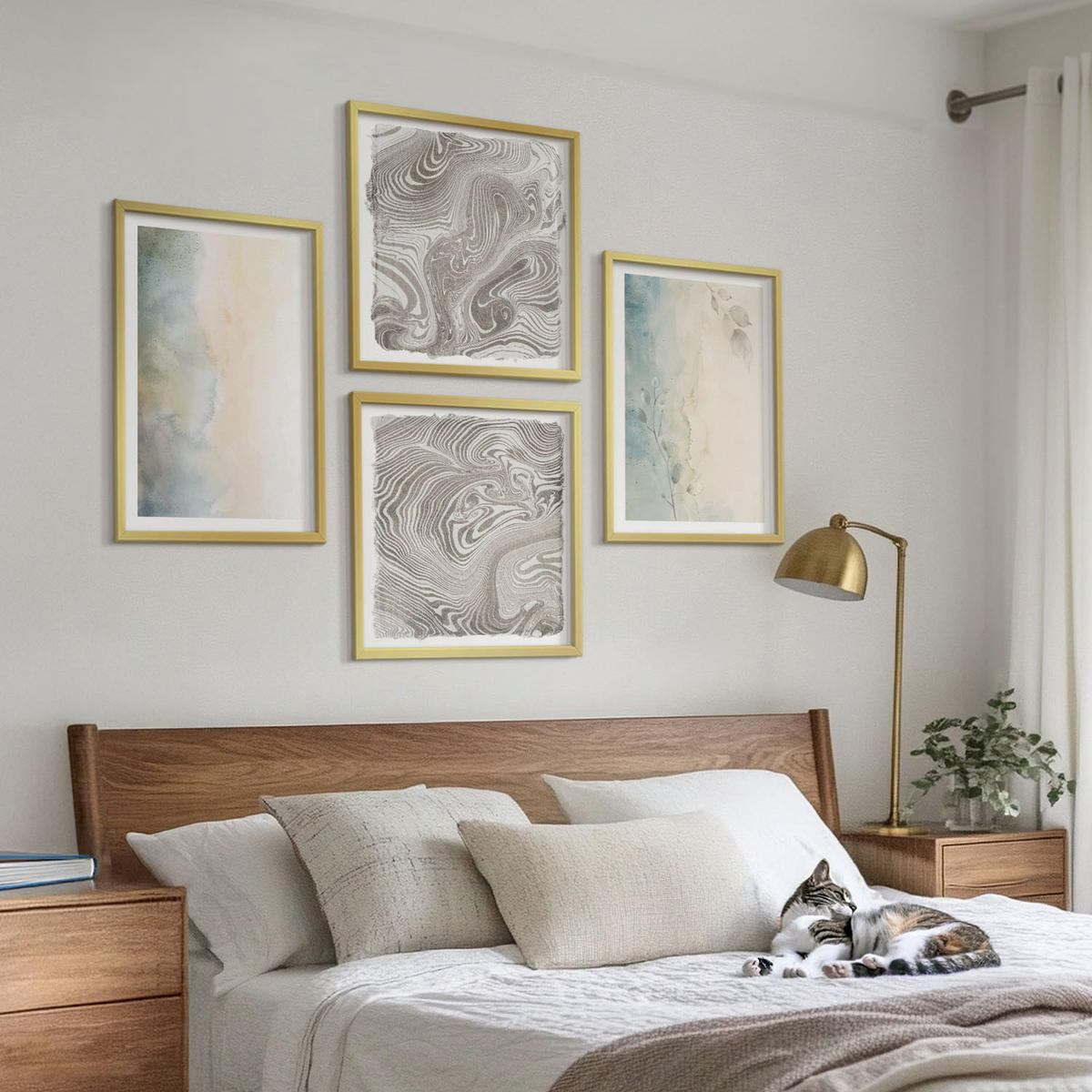 BILDER SET 4er Set - 50x50 cm & 40x60 cm Goldrahmen - Zarte Aquarellkartons - Goldfarben, Kunststoff (50/50cm) - TULUP
